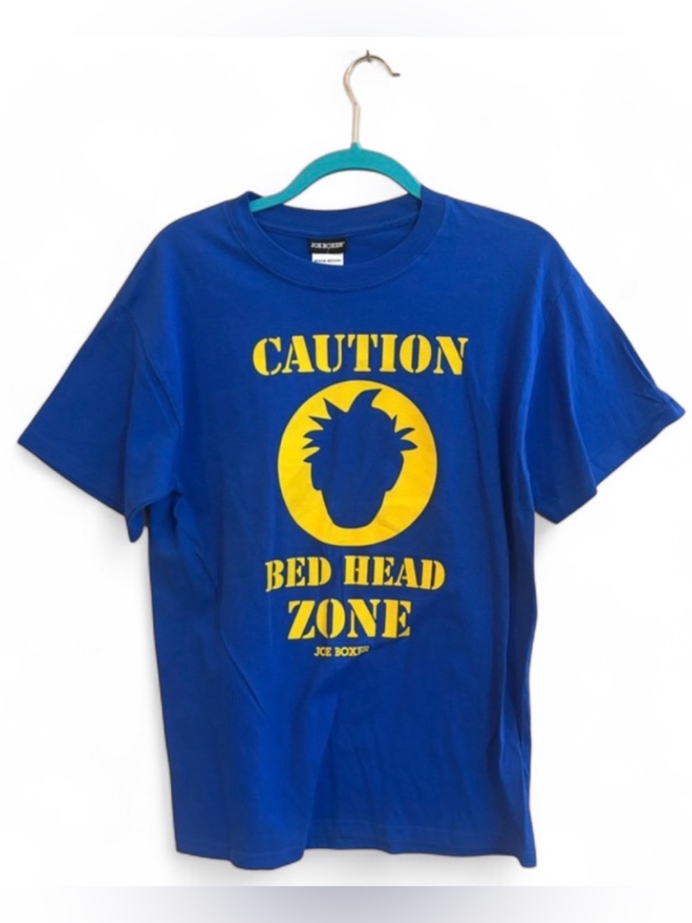 NWT Joe Boxer Y2K Caution Bed Head Zone Blue & Yellow Cotton Short Sleeve Shirt